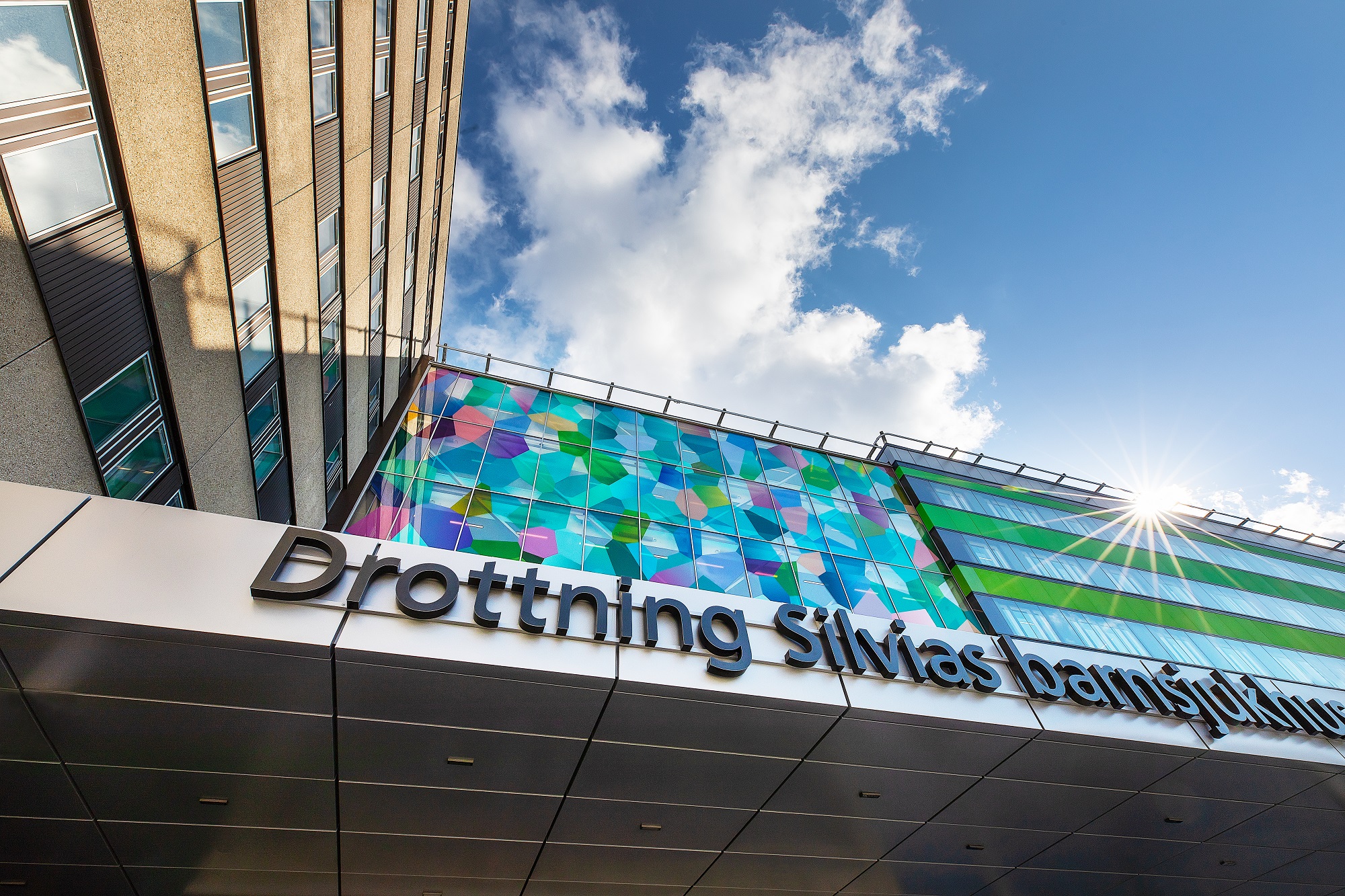 Colourful glass wall on Queen Silvia Children Hospital