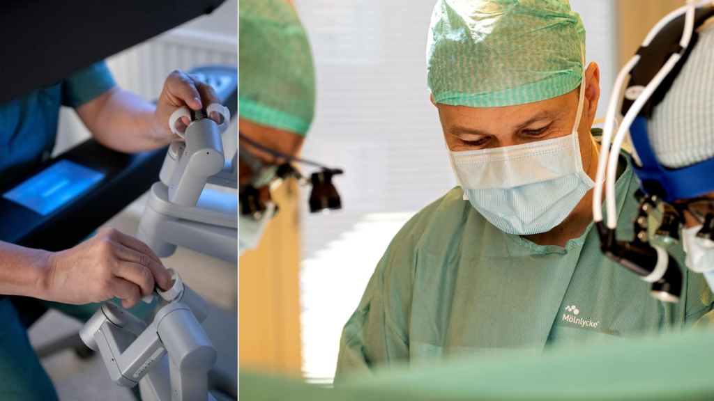 Surgeons in green scrubs and blue face mask during an operation to the right. To the left, two hands using a robotic device