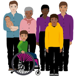 Illustrerad bild på en grupp människor i olika åldrar och med olika hudfärg