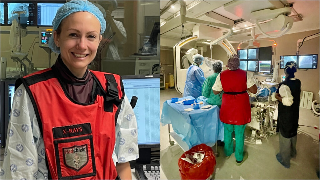 Two pictures in one. A woman smiling, and a group of people in a radiology lab.