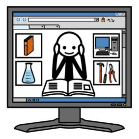 Illustration på en dator med en person som läser en bok