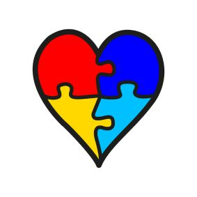 Illustrerad bild på ett hjärta i rött, blått och gult