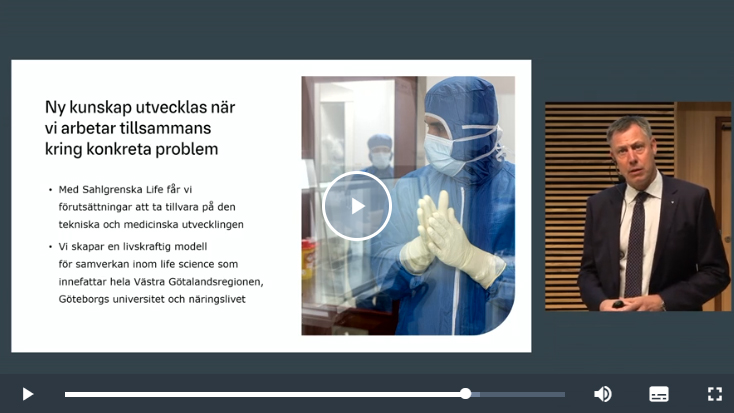 Skärmklipp från seminarie om Sahlgrenska life. Bilden föreställer en power point-presentation och sjukhusdirektör Boubou Hallberg som håller presentationen. 