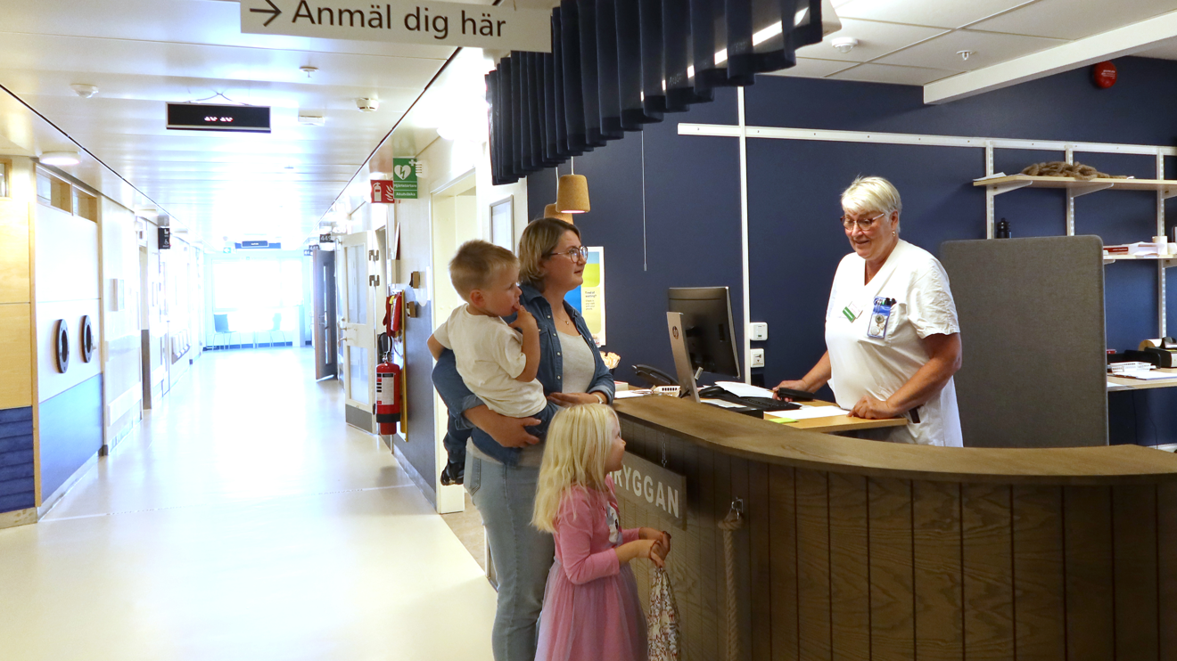 En mamma med två barn framför en disk