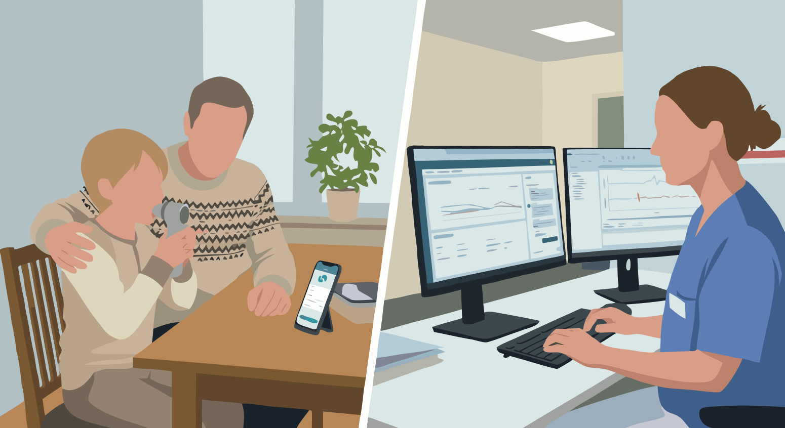 Illustration - på ena sidan sitter en pappa med sitt barn och använder hemspirometri, på andra sidan en sjuksköterska framför dator som tar emot patientens data