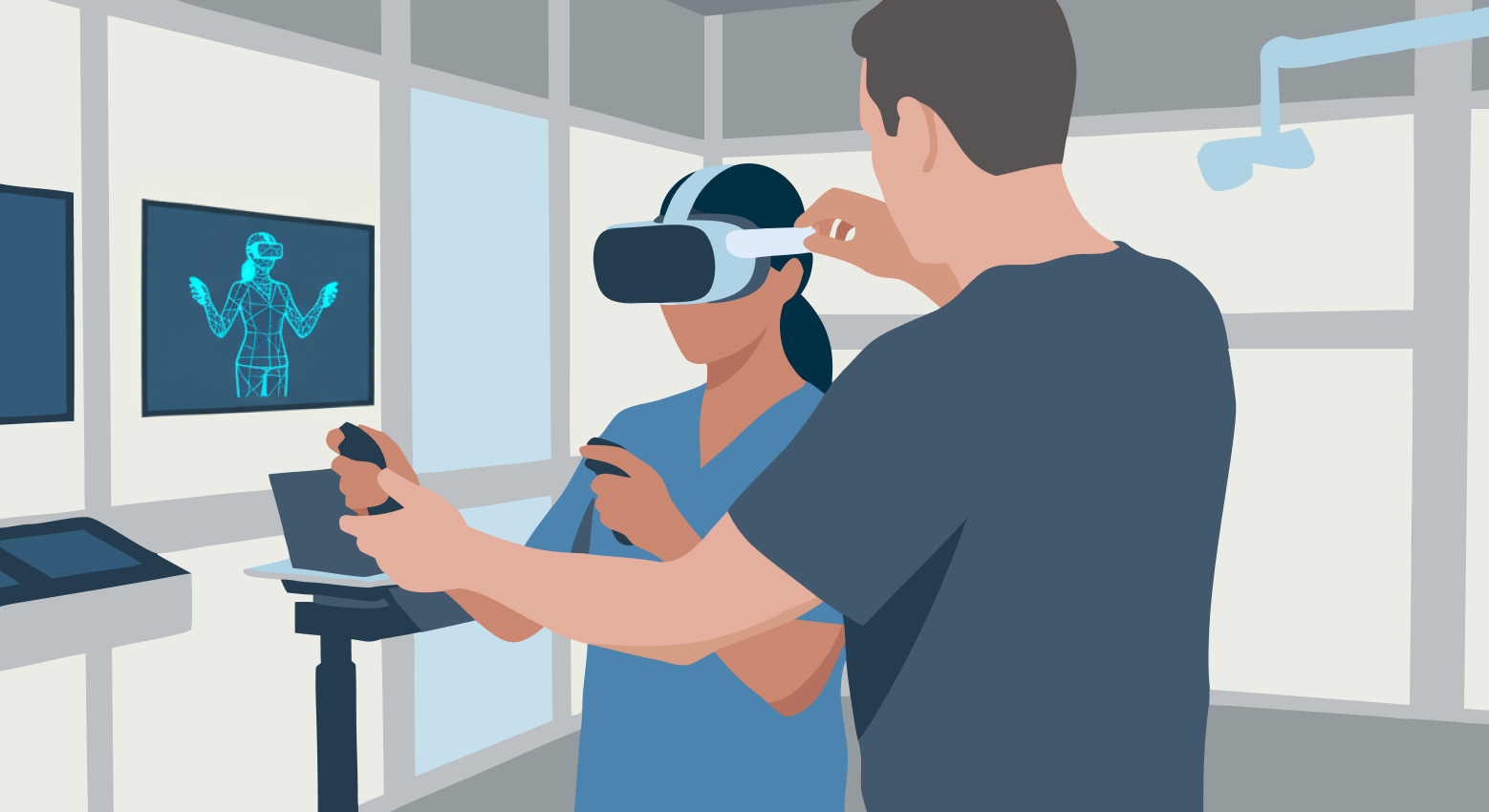 Illustration av vårpersonal som använder Virtual Reality