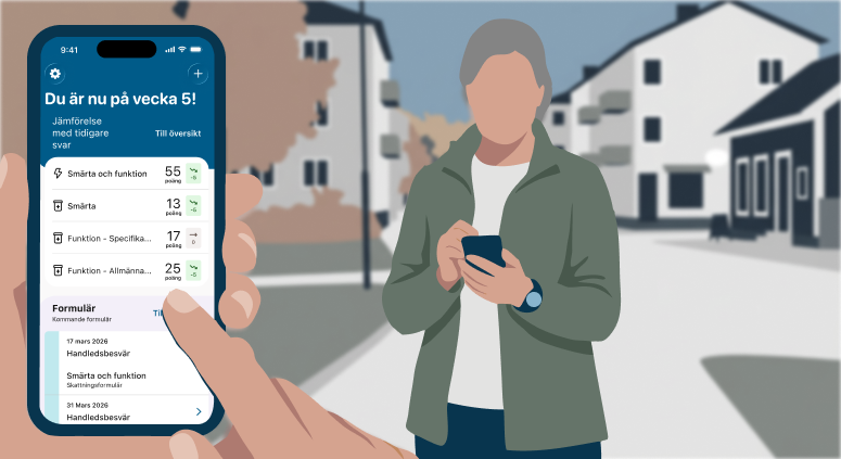 Illustration av person som är utomhus och använder en vård-app i mobiltelefon