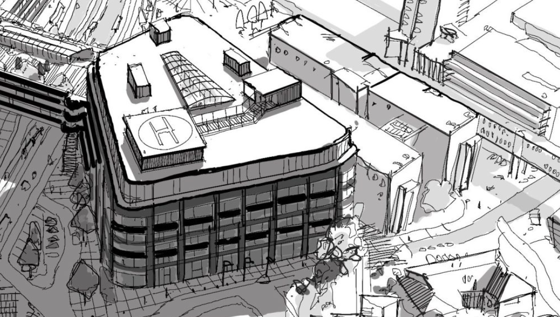 Skiss över det nya sjukhusområdet med byggnader.