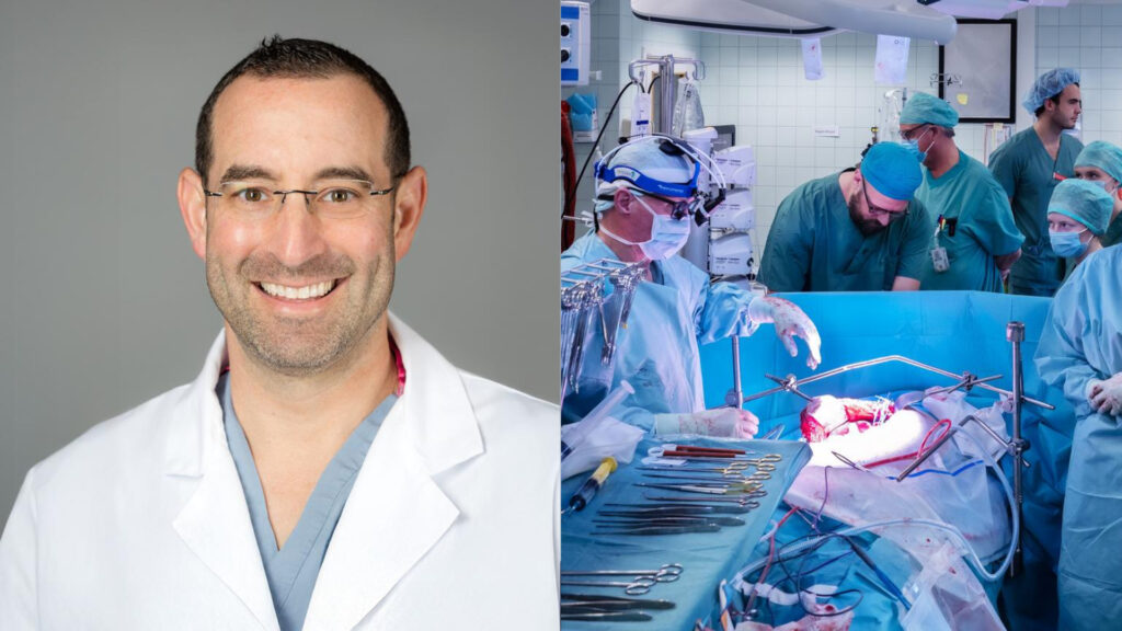 Two pictures, a smiling doctor and an ongoing surgery.