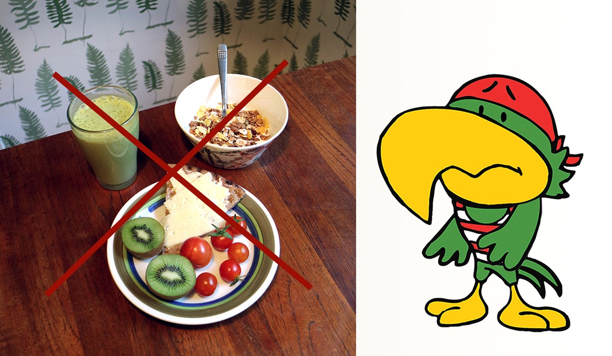 Bild på en överskorsad måltid. Papegojan Dunder står till höger och ser sur ut.